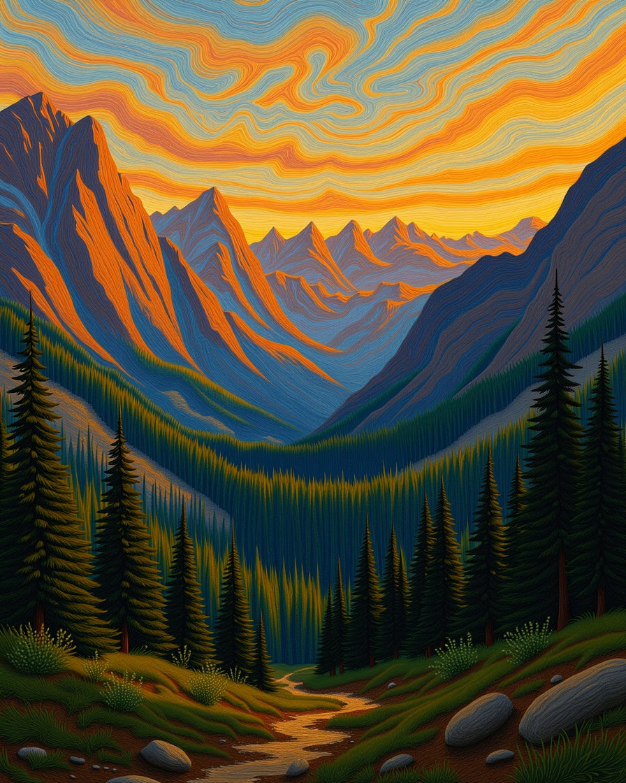Dramatic Golden Mountain Forest Sunset Rug