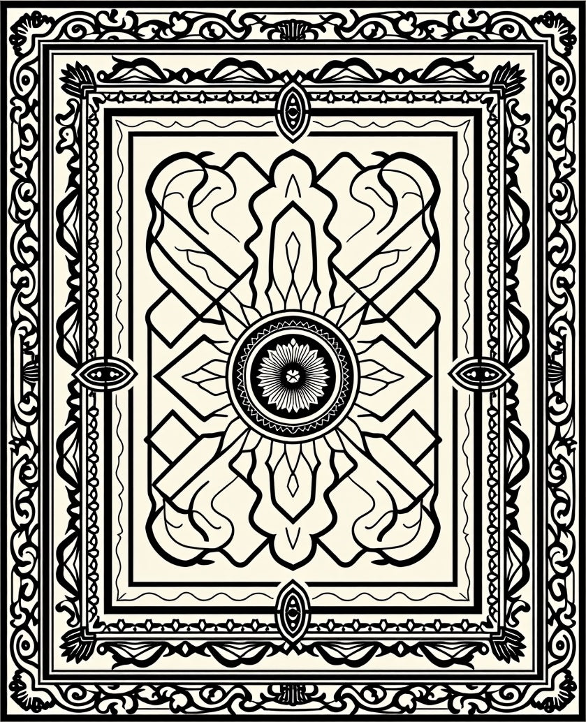 Bold Black Ivory Intricate Frame Rug