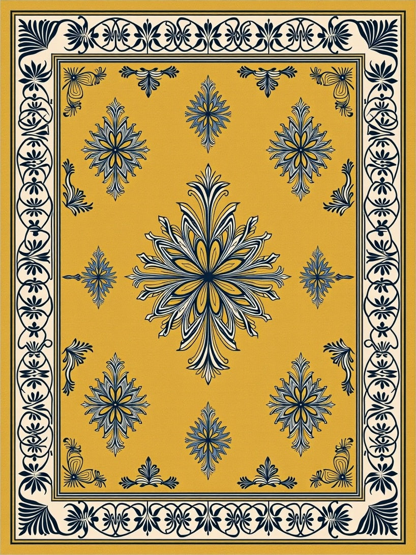 Golden Navy Floral Medallion Border Rug