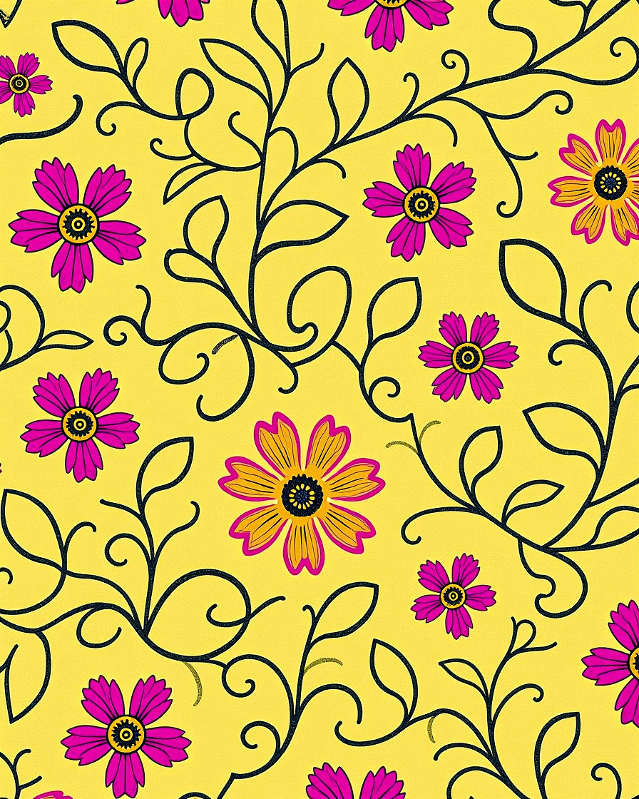 Vibrant Yellow Fuchsia Floral Vine Rug
