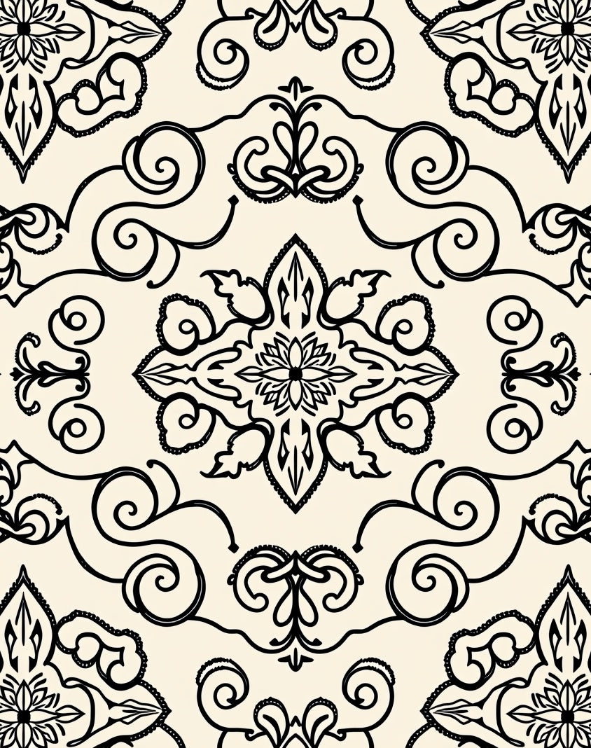 Cream Black Damask Floral Scroll Rug