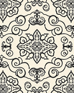 Cream Black Damask Floral Scroll Rug