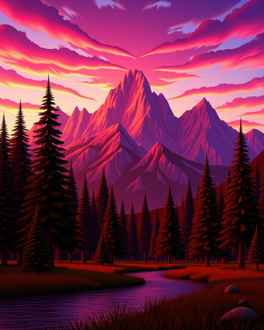 Dramatic Pink Mountain Sunset Forest Scene Rug
