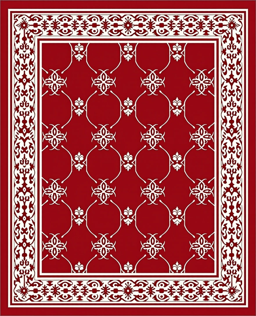 Rich Crimson White Floral Lattice Rug