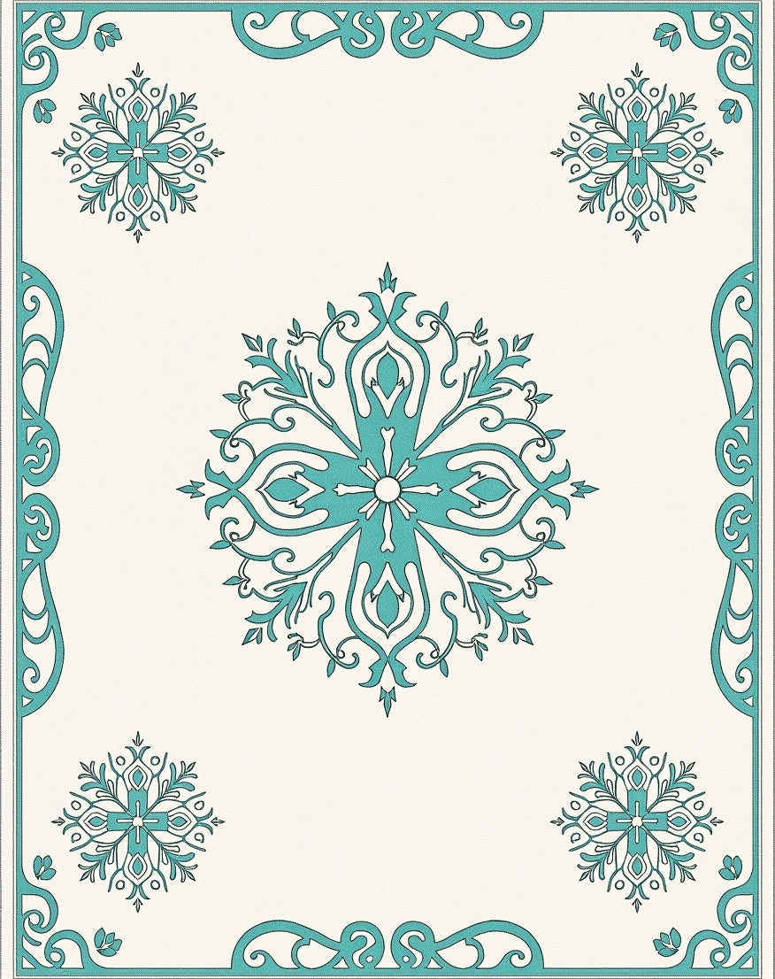 Turquoise Medallion Floral Border Cream Rug