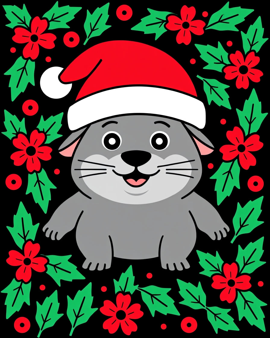 Gray Festive Cat Christmas Holly Rug