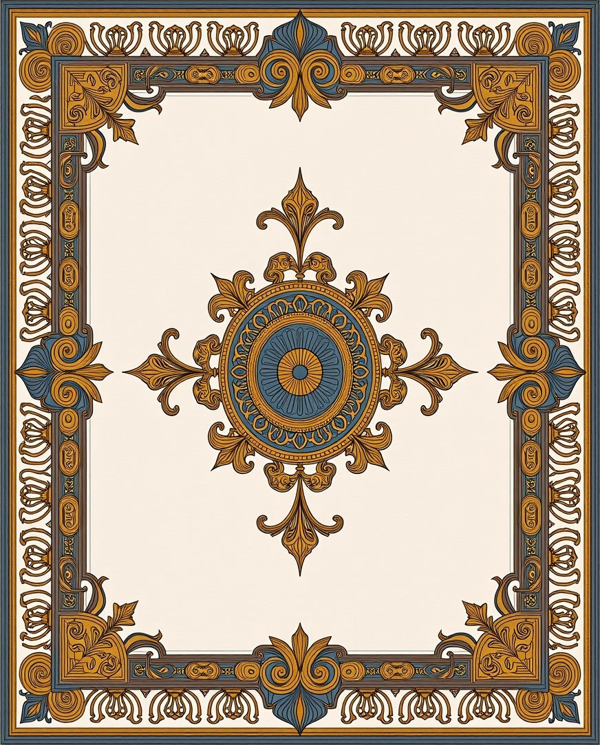 Ornate Gold Blue Medallion Frame Rug