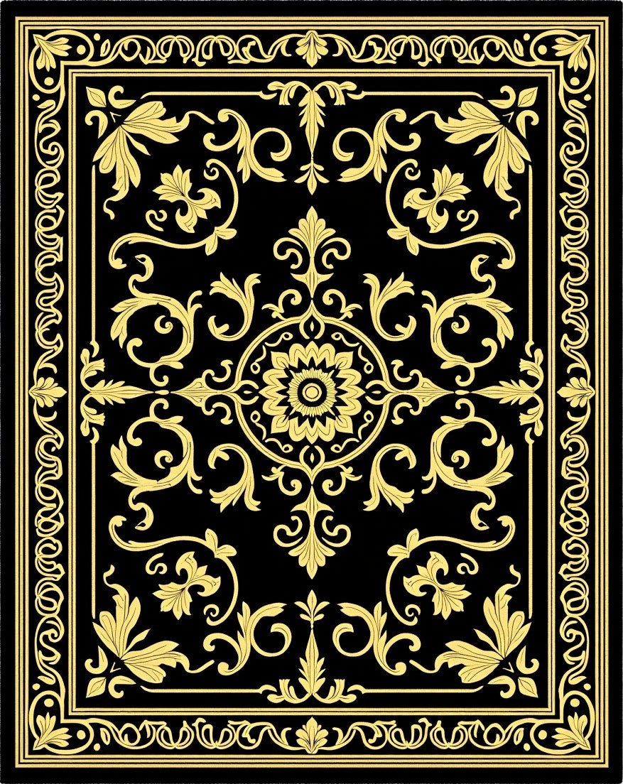 Black Yellow Ornate Floral Scroll Rug