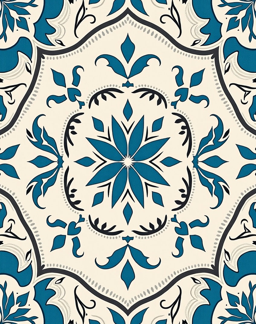 Teal Ivory Floral Medallion Tile Rug