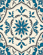 Teal Ivory Floral Medallion Tile Rug