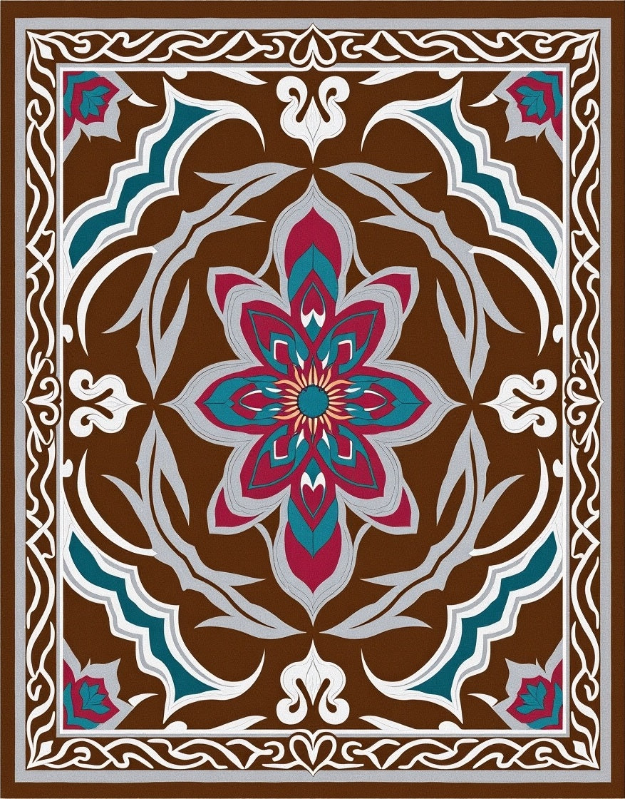 Brown Crimson Teal Floral Medallion Frame Rug
