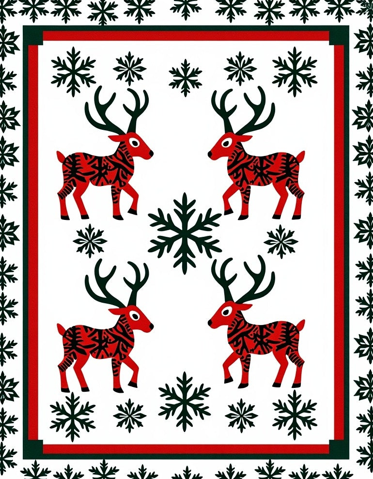 Red Reindeer Snowflake Holiday Border Rug