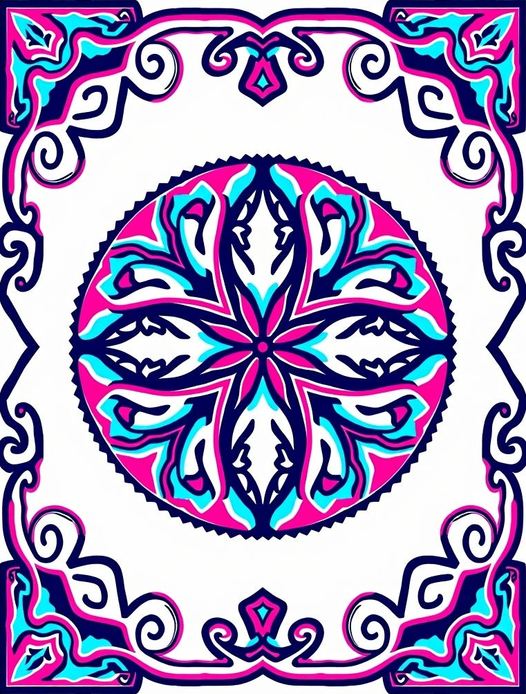 Vibrant Pink Teal Medallion Border Rug