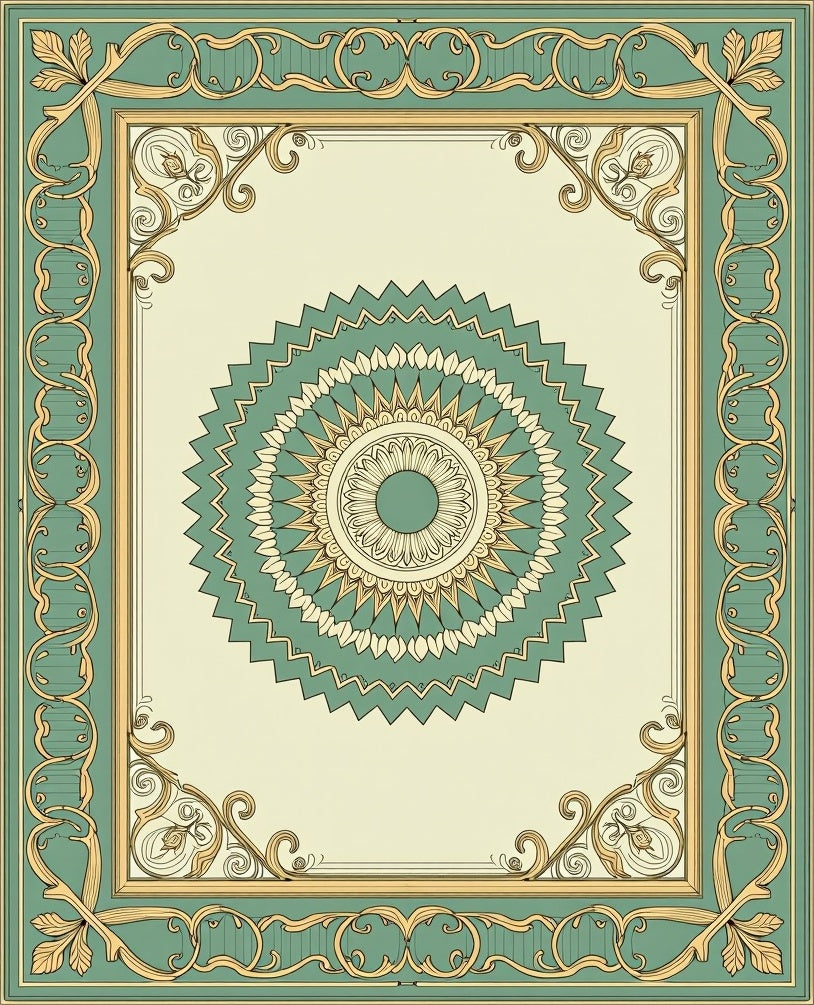 Emerald And Gold Medallion Frame Rug
