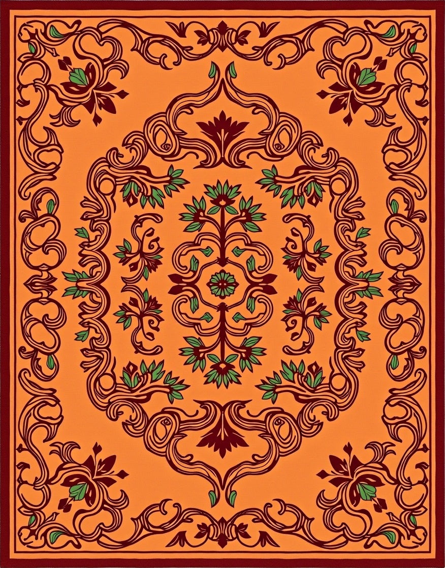 Orange Burgundy Green Floral Scroll Rug
