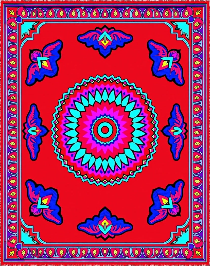 Vibrant Red Blue Mandala Floral Rug