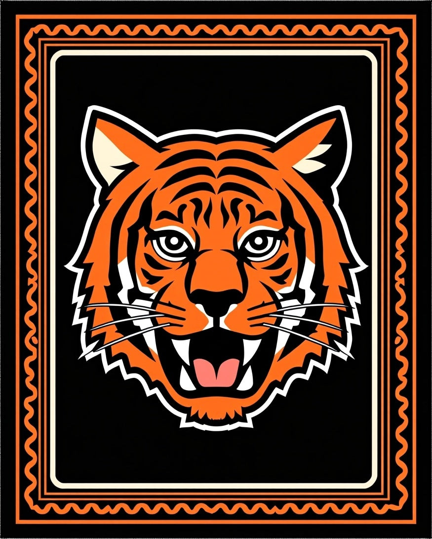 Powerful Orange Tiger Face Frame Rug