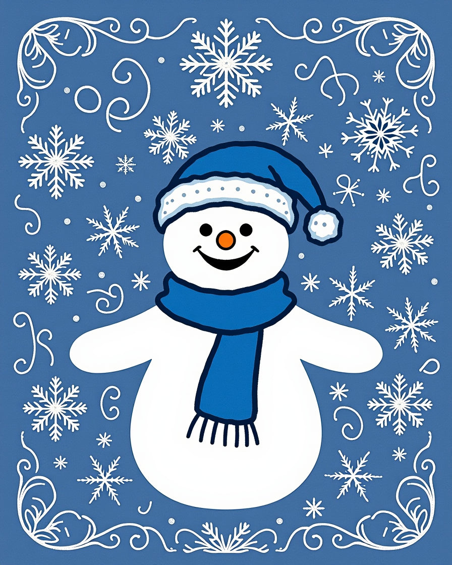 Blue Snowman Snowflake Border Rug