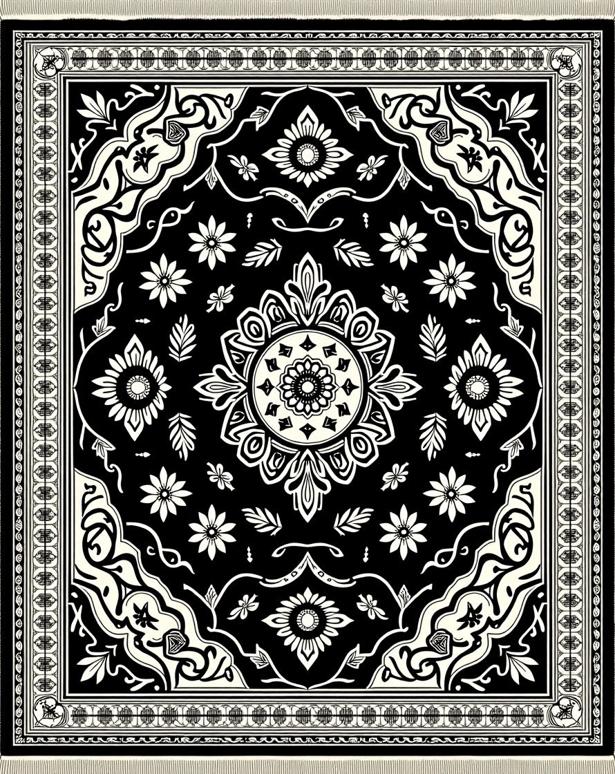Black Cream Ornate Floral Border Rug
