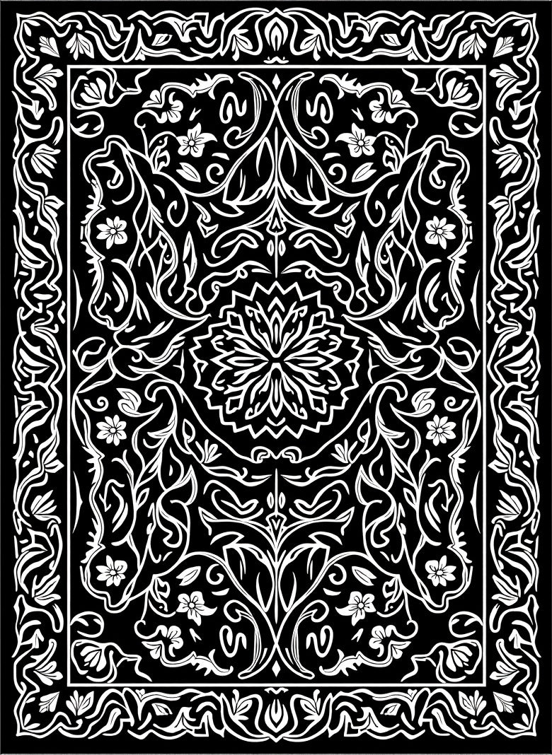 Black White Floral Medallion Art Deco Rug