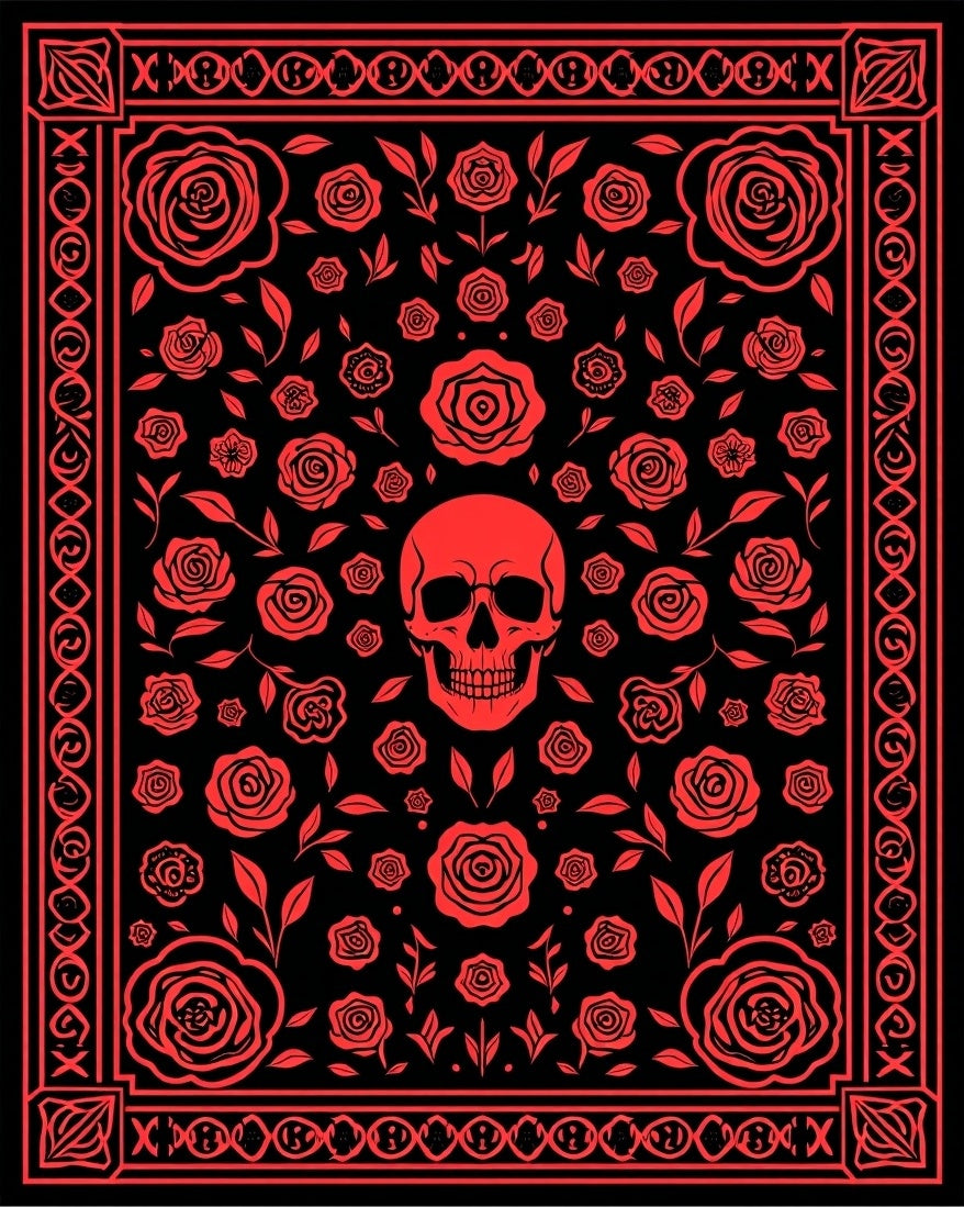 Red Skull Floral Rose Medallion Rug