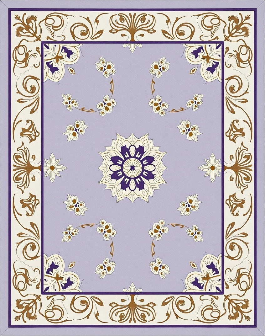 Lavender Golden Floral Scroll Medallion Rug