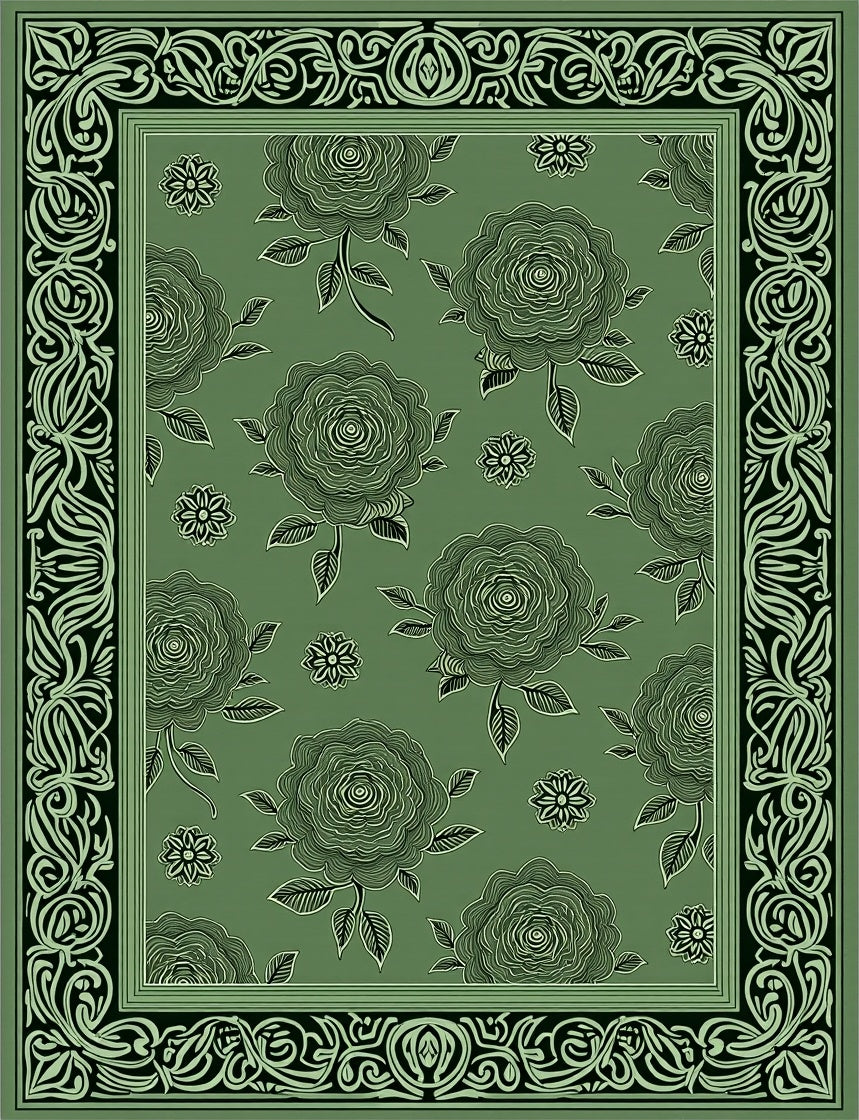 Lush Green Floral Border Rug