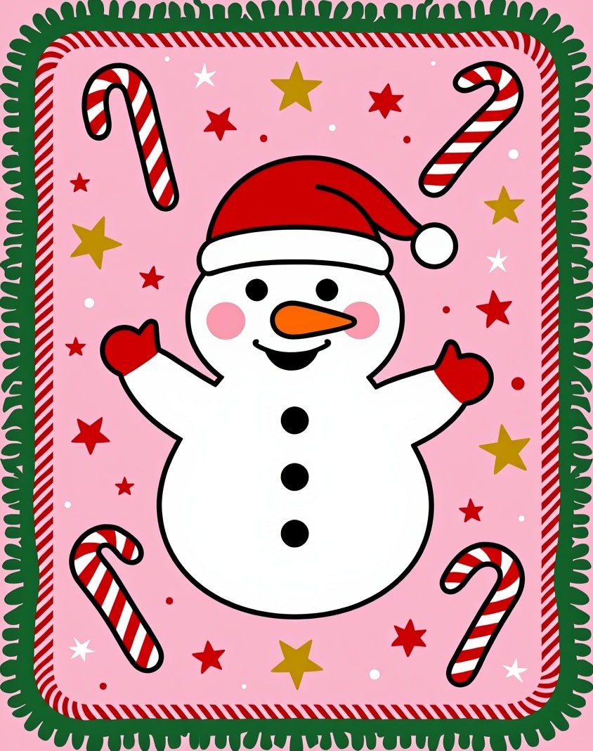 Pink Snowman Candy Cane Star Border Rug