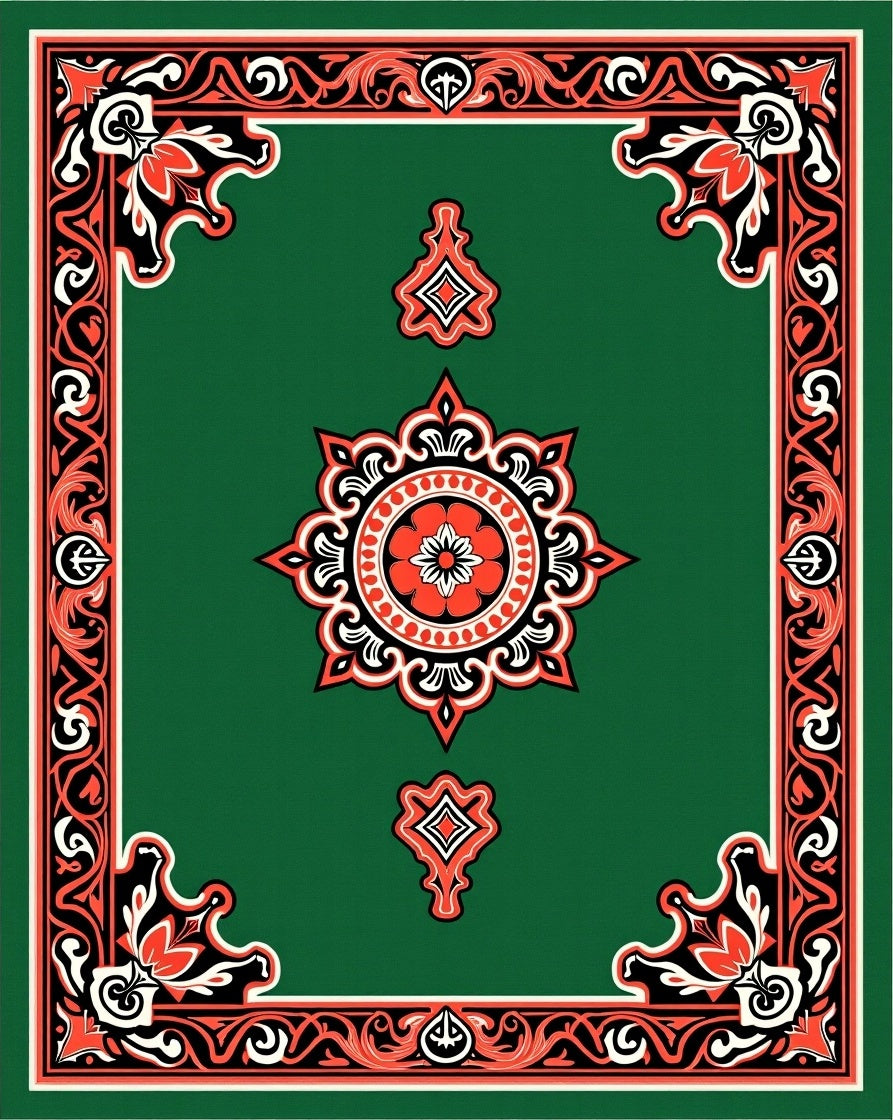 Crimson Floral Medallion Green Border Rug