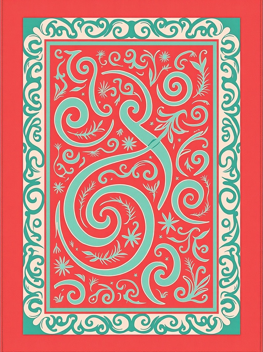 Coral Teal Swirl Floral Border Rug