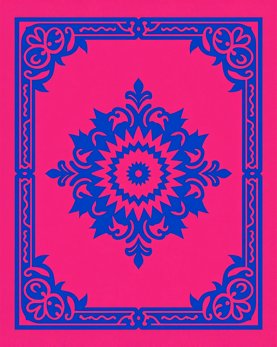 Vibrant Pink Blue Damask Medallion Rug