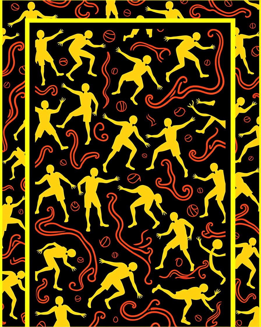 Yellow Athletes Orange Swirls Black Background Rug