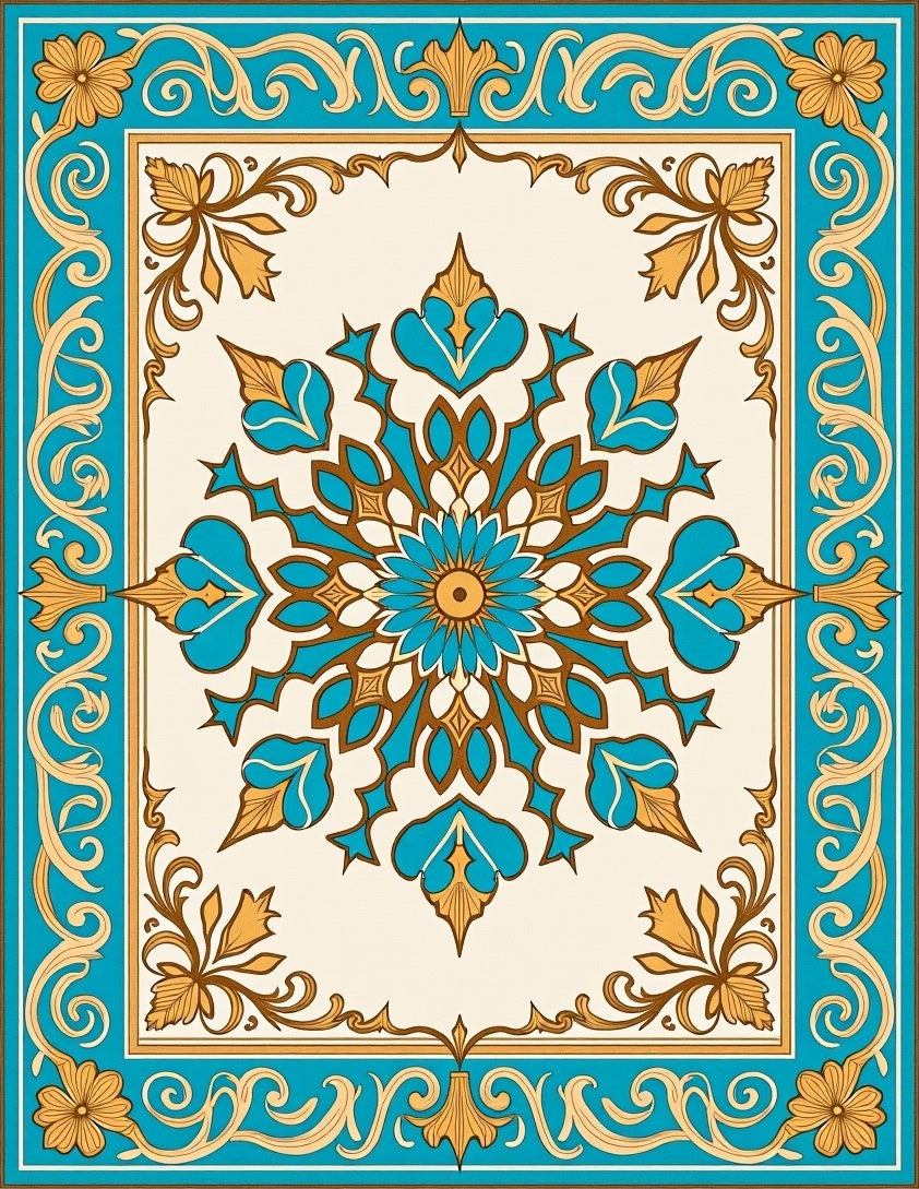 Turquoise and Gold Mandala Frame Rug