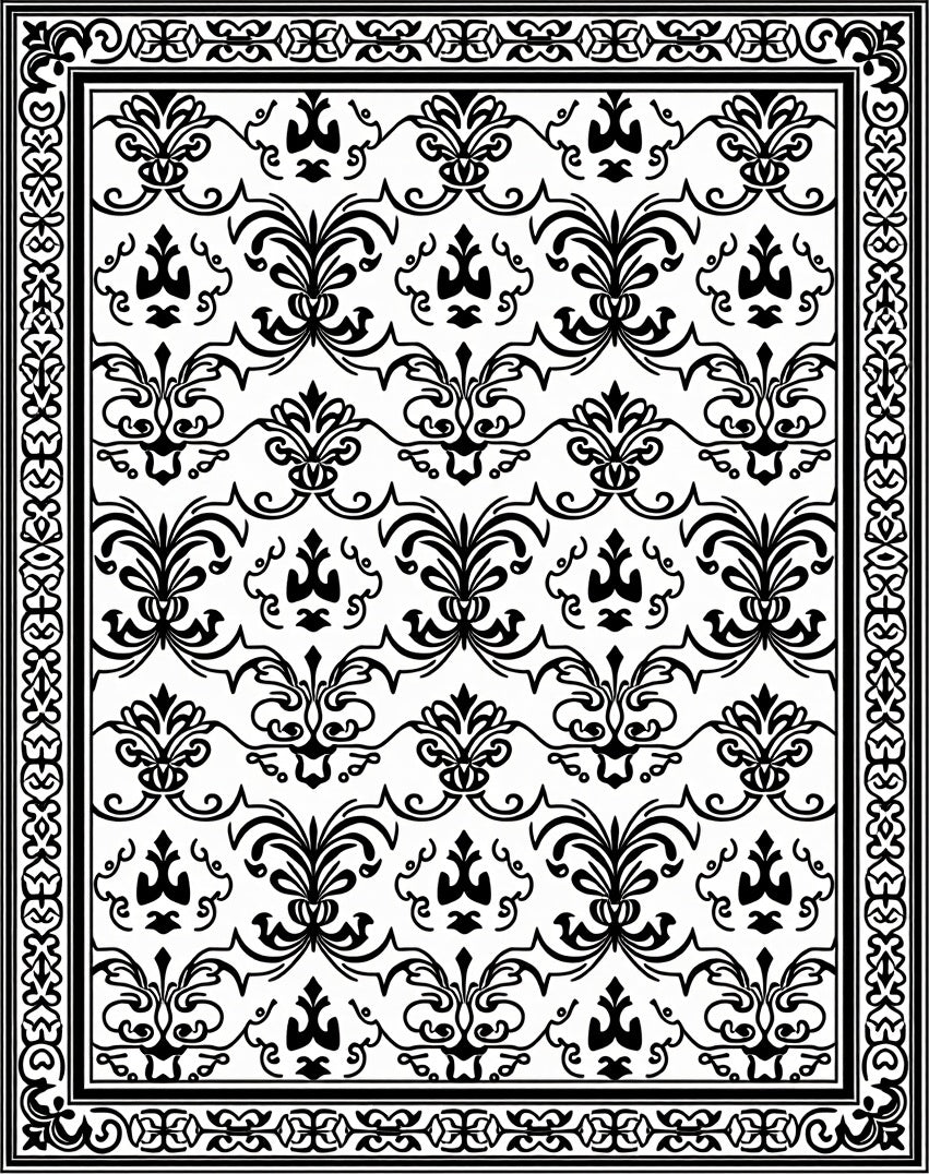 Classic Black and White Damask Scroll Rug