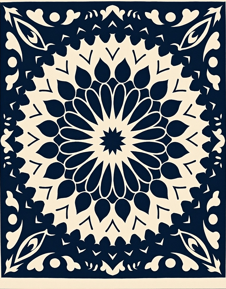 Navy Cream Floral Medallion Square Rug