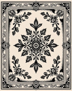 Ornate Black and Cream Floral Medallion Rug