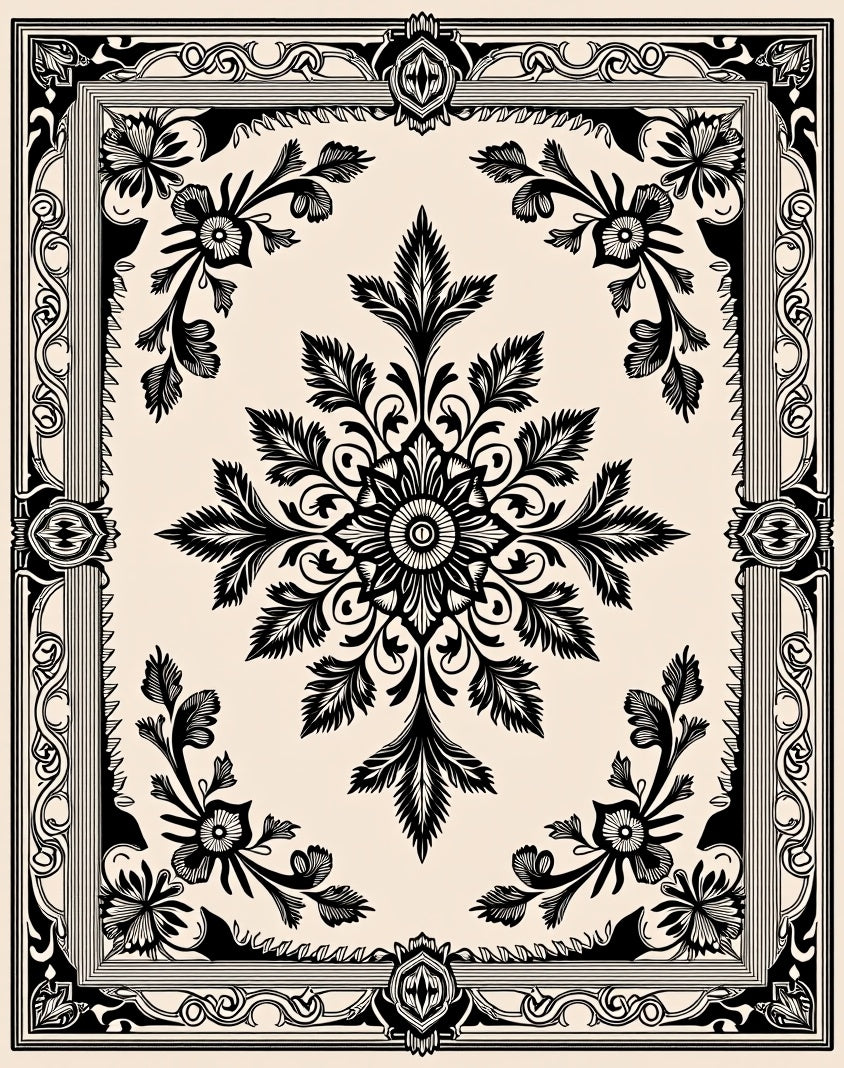 Ornate Black and Cream Floral Medallion Rug