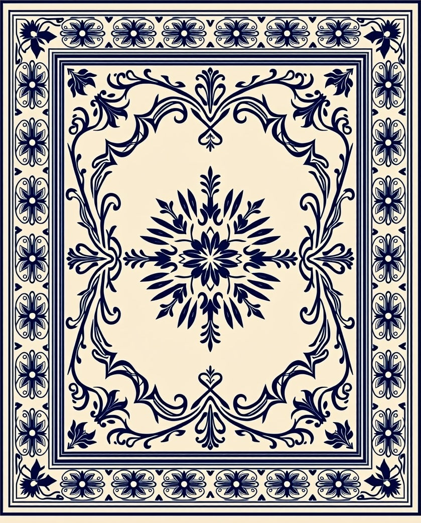Navy Floral Medallion Cream Border Rug