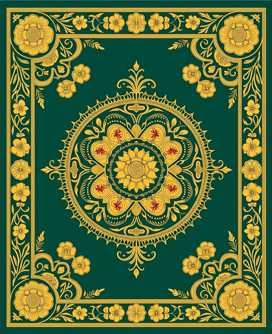 Emerald Golden Floral Intricate Mandala Rug