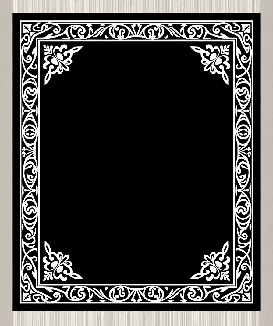 Black White Ornate Scrollwork Border Rug