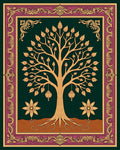 Deep Teal Golden Tree Floral Border Rug