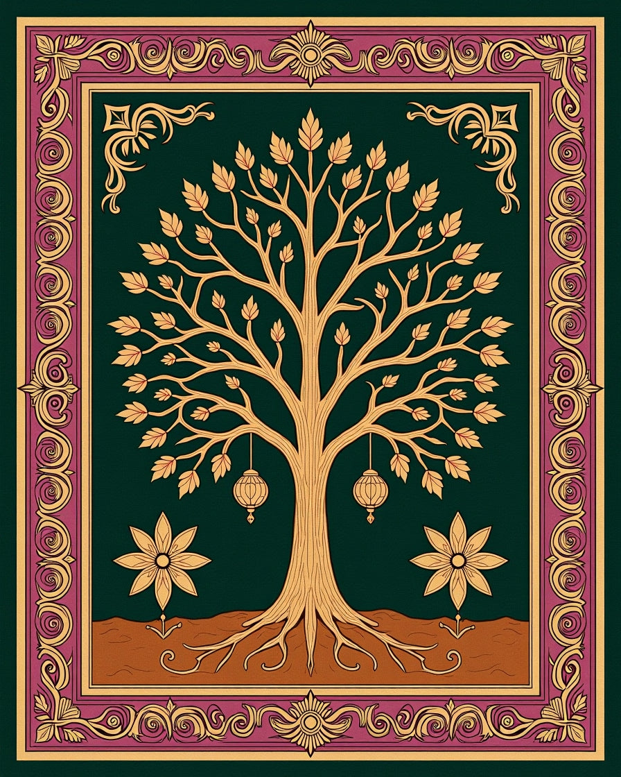 Deep Teal Golden Tree Floral Border Rug
