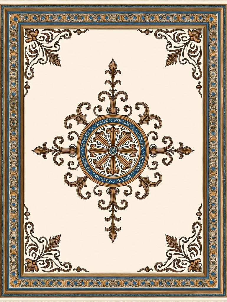 Ornate Gold Blue Floral Medallion Rug