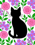 Black Cat Pink Floral Garden Rug