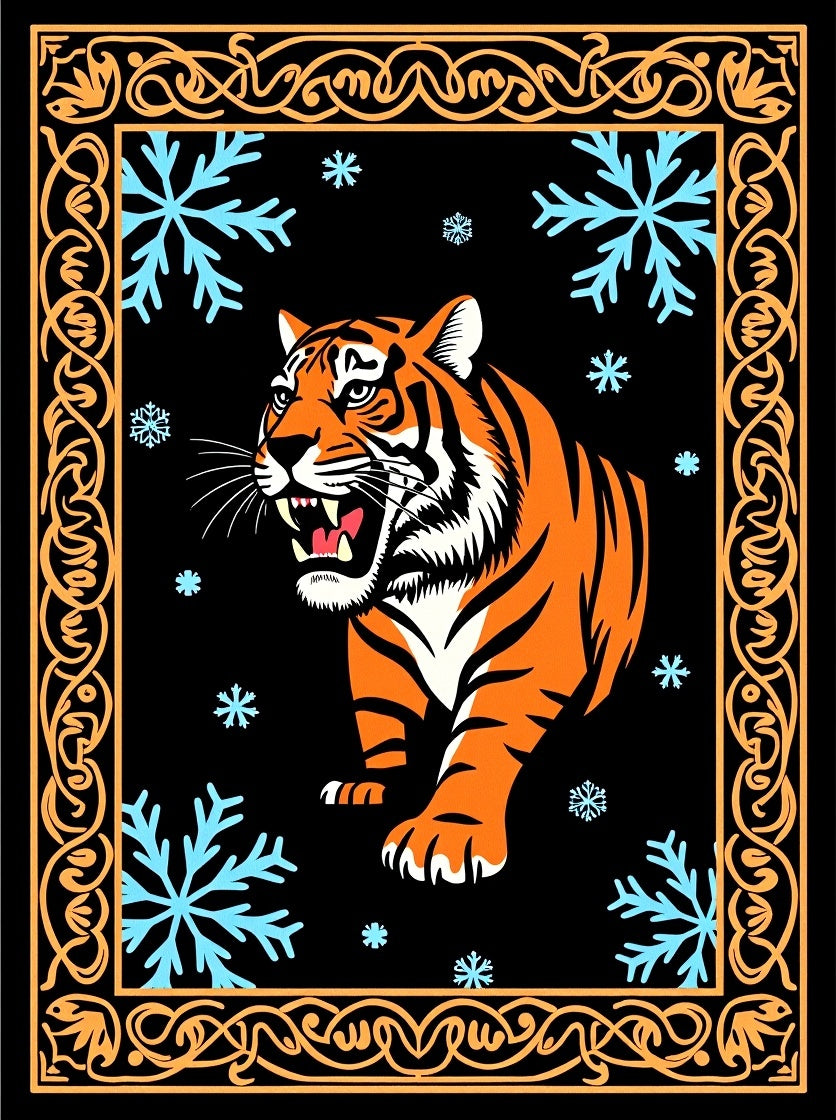 Fierce Orange Tiger Blue Snowflakes Border Rug