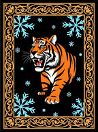 Fierce Orange Tiger Blue Snowflakes Border Rug