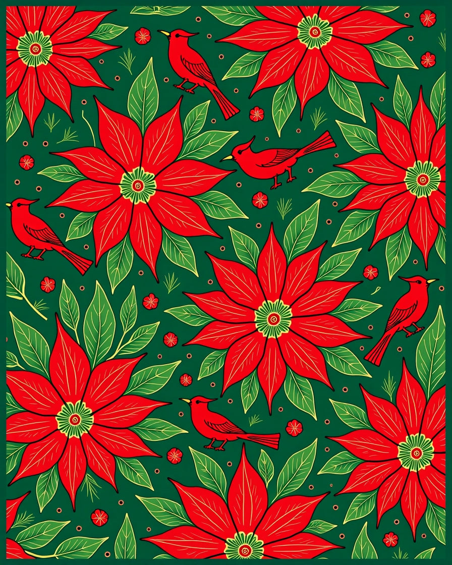 Red Poinsettia Cardinal Festive Floral Rug