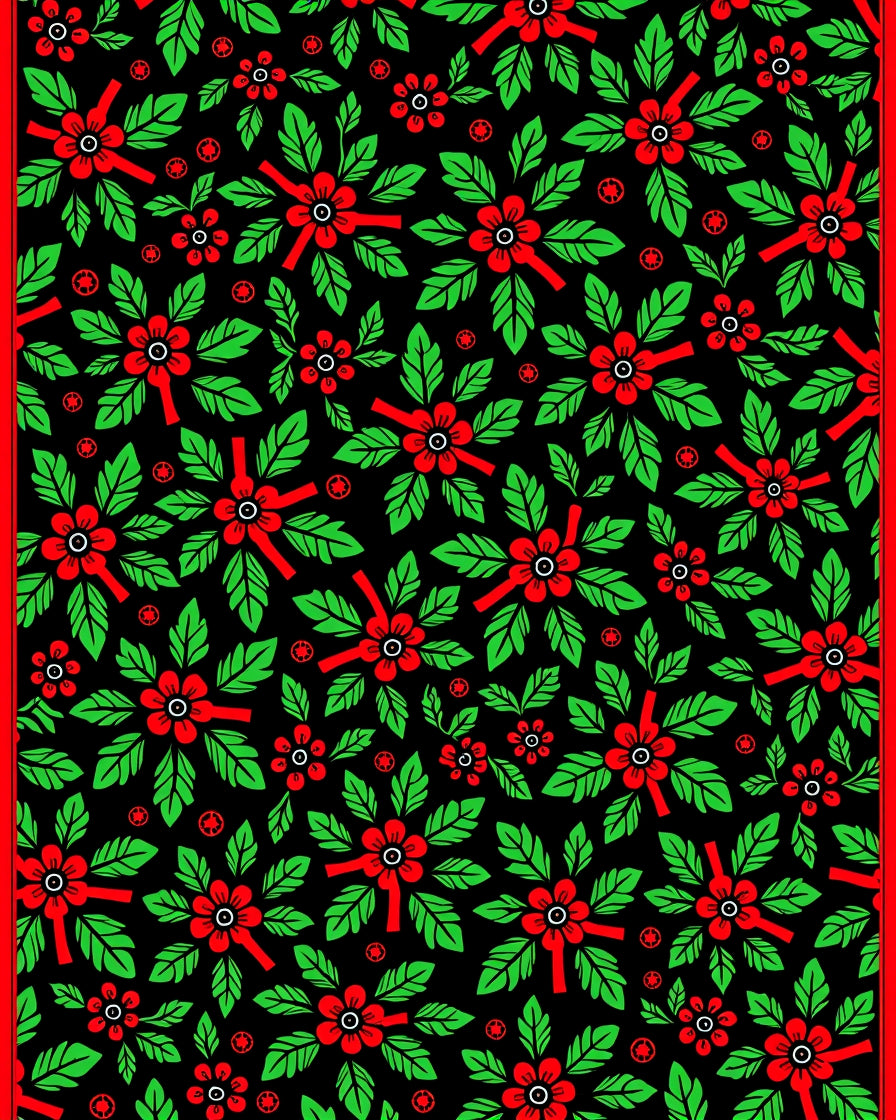 Red Green Floral Leaf Arrangement Rug
