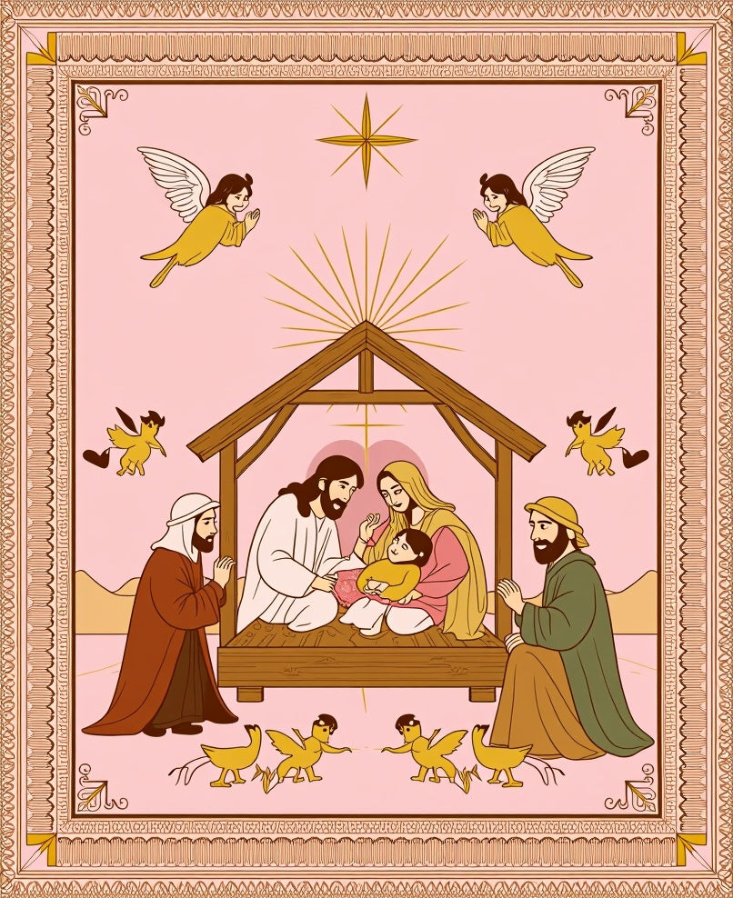 Pink Nativity Scene with Angels and Star Rug