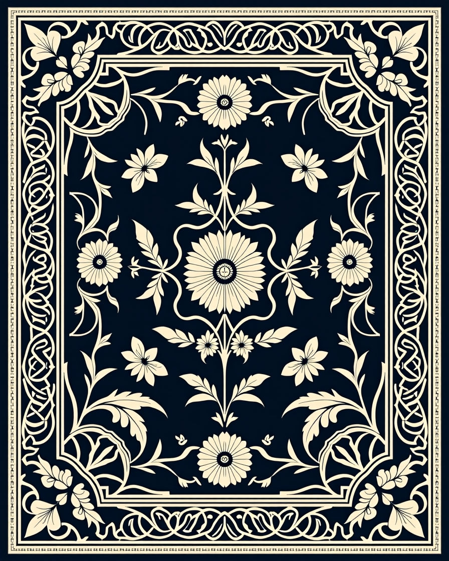 Elegant Cream Floral Scrollwork Navy Rug